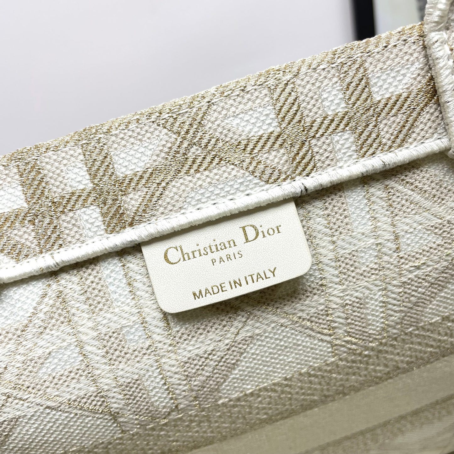 Dior Elegant Beige and Gold Embroidered Pattern Canvas Tote Bag