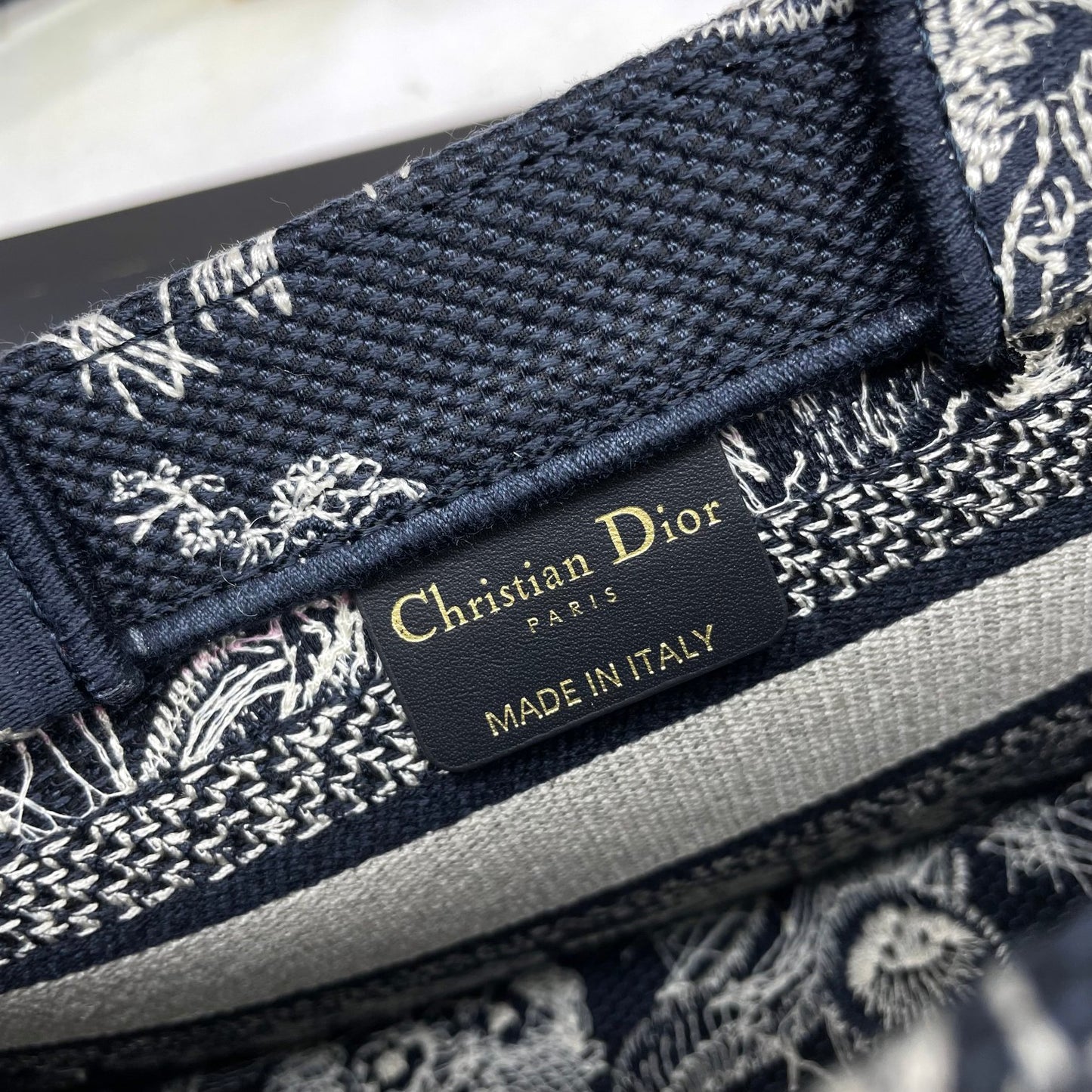Christian Dior Mini Book Tote with Strap - Black & White Embroidered Pattern