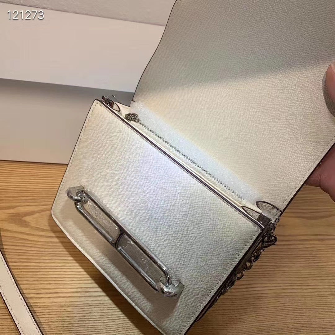 White Leather Crossbody Bag with Silver-Tone Chain and Bar Detail