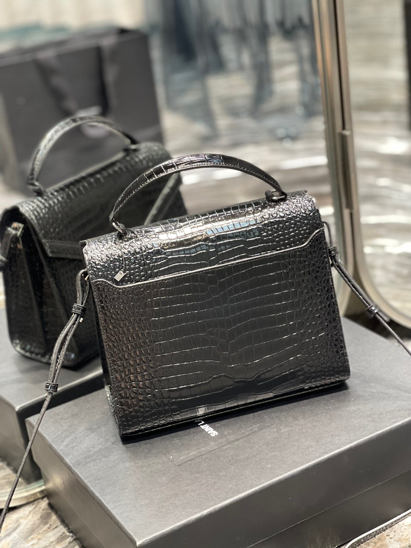 Saint Laurent Cassandra Medium Top Handle Bag in Crocodile-Embossed Leather - Black