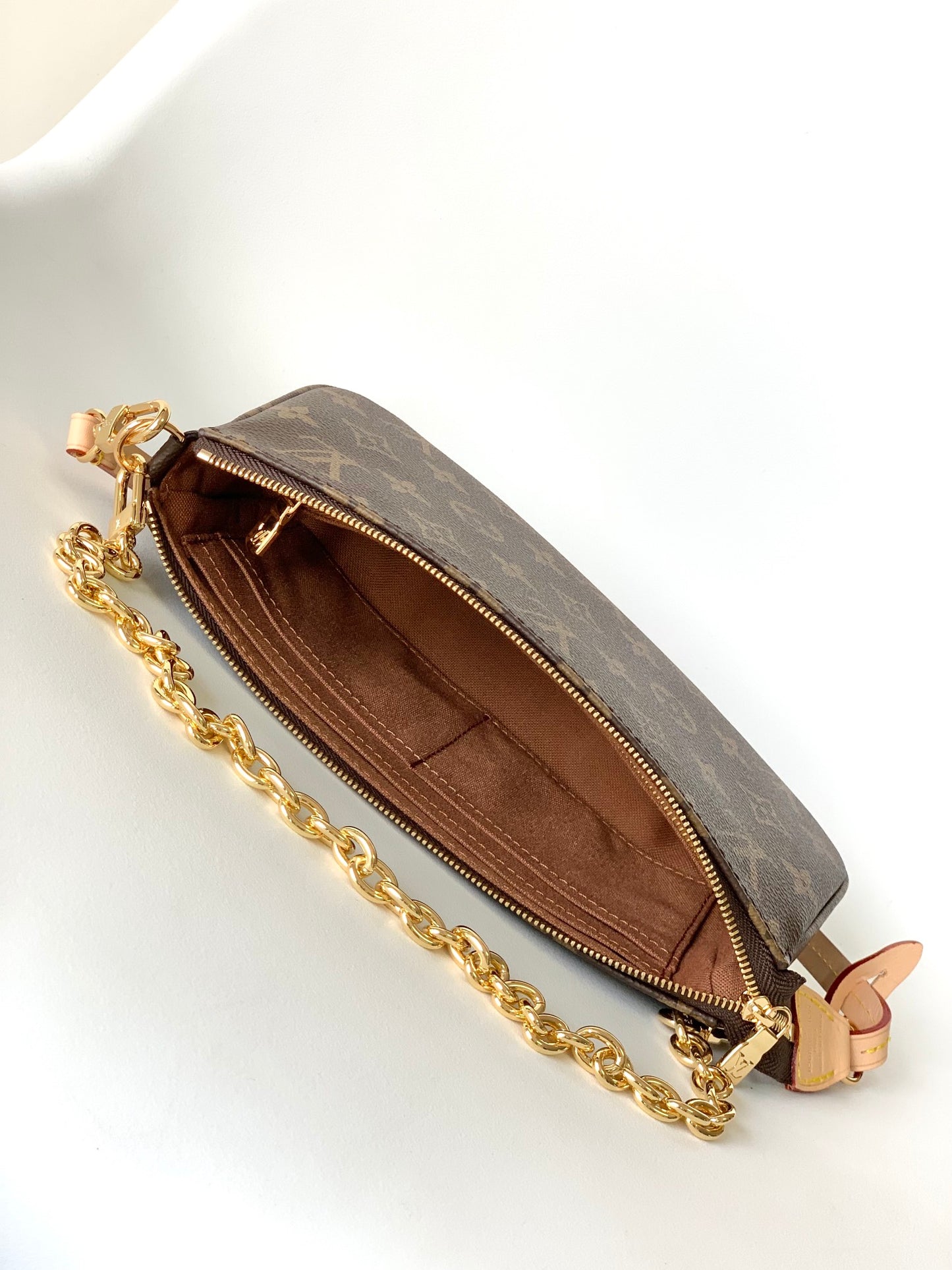 Louis Vuitton Brown Monogram Canvas Pochette Shoulder Bag with Gold Chain