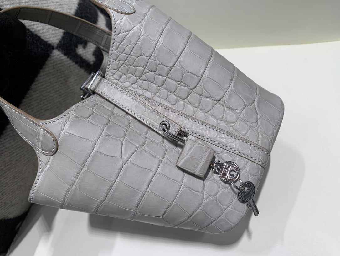 Luxury Crocodile Embossed Leather Bucket Bag - Light Grey Top Handle Tote