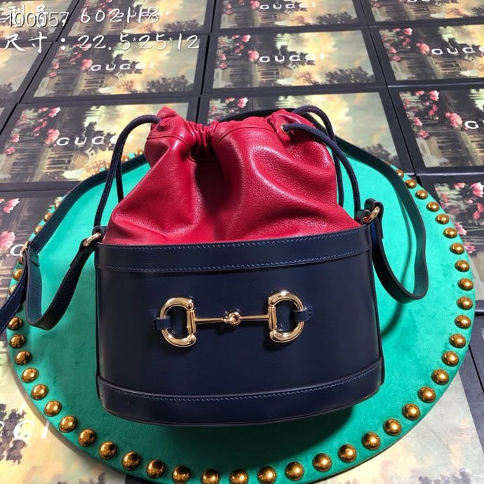 Navy and Red Leather Horsebit 1955 Small Bucket Bag with Gold Hardware