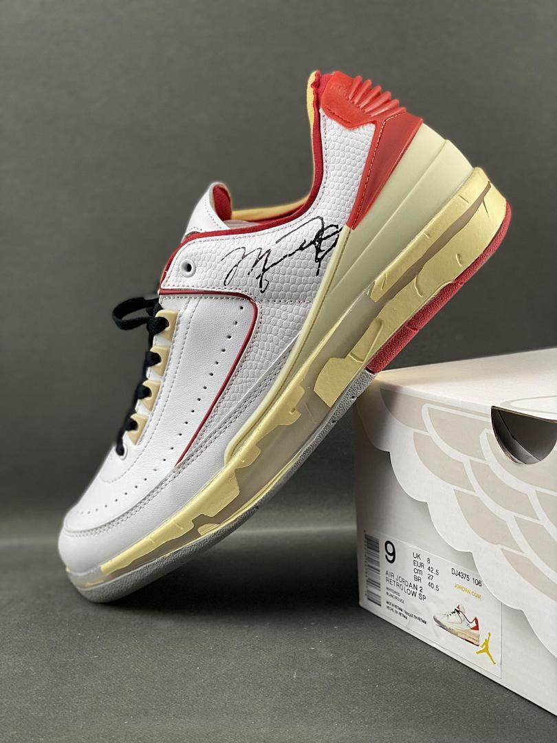 Off-White x Air Jordan 2 Retro Low SP White Varsity Red DJ4375-106 Michael Jordan Signature Aged Sole Sneakers