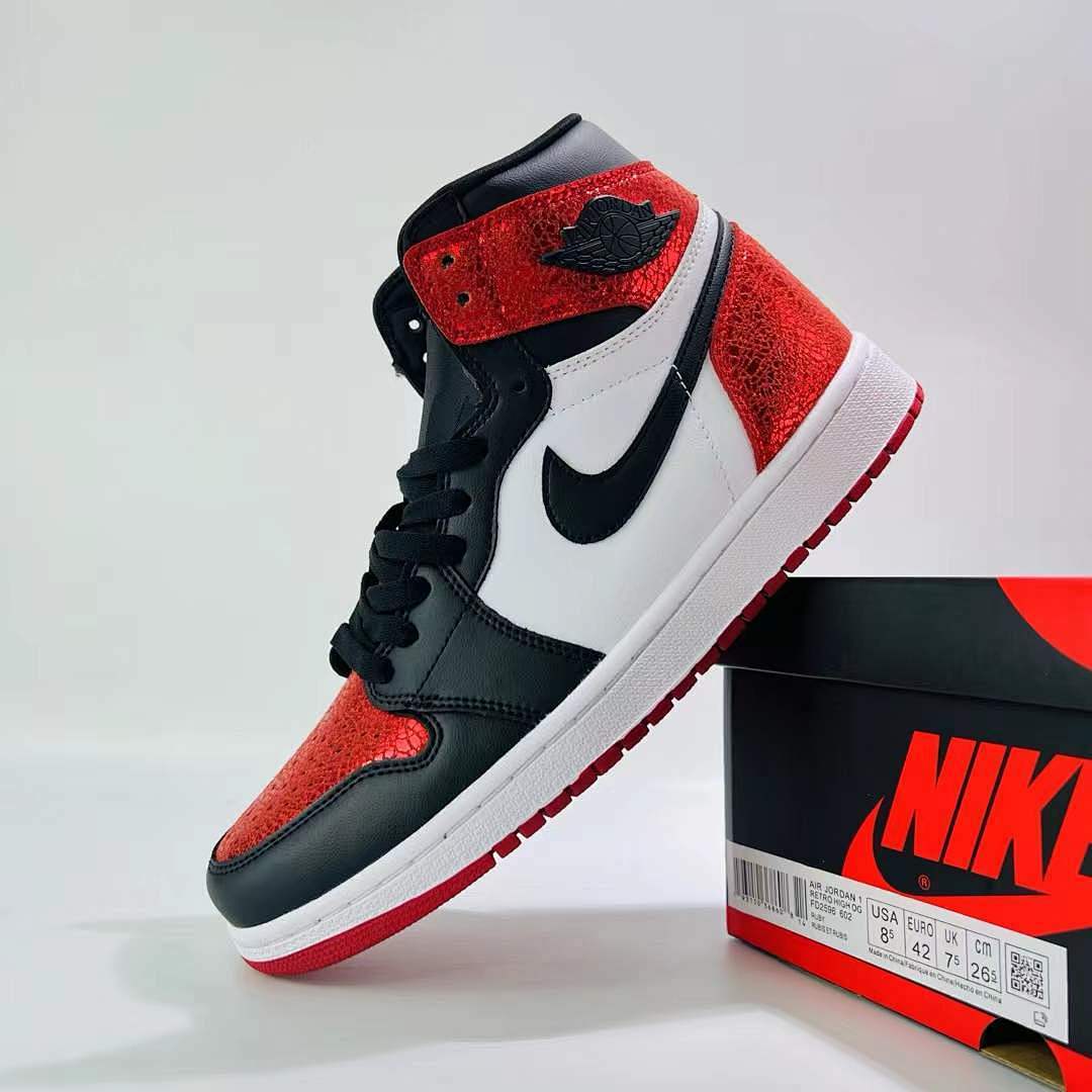 Nike Air Jordan 1 Retro High OG Black White Red Cracked Patent Leather Sneakers