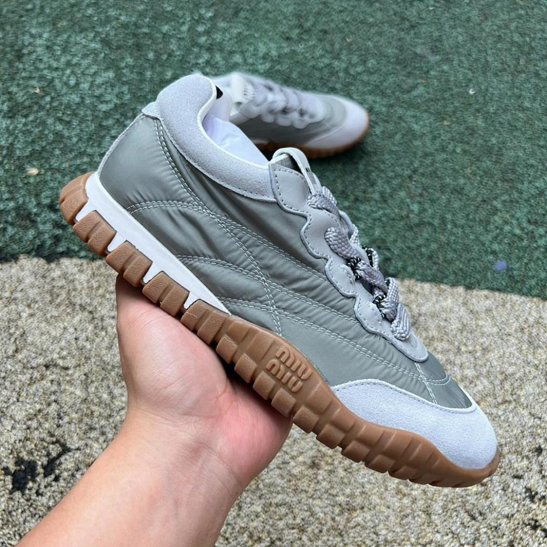 Miu Miu 5E930C Padded Nylon and Suede Lace-up Trainers Khaki Green