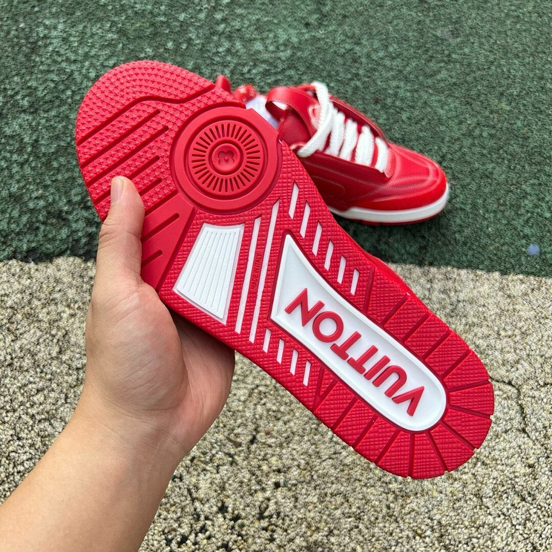 Louis Vuitton LV Trainer Sneaker Red Metallic Monogram Flower