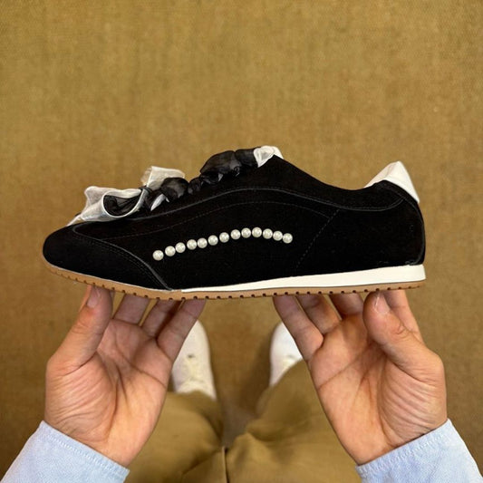 Chanel Black Suede Ribbon Pearl Sneakers