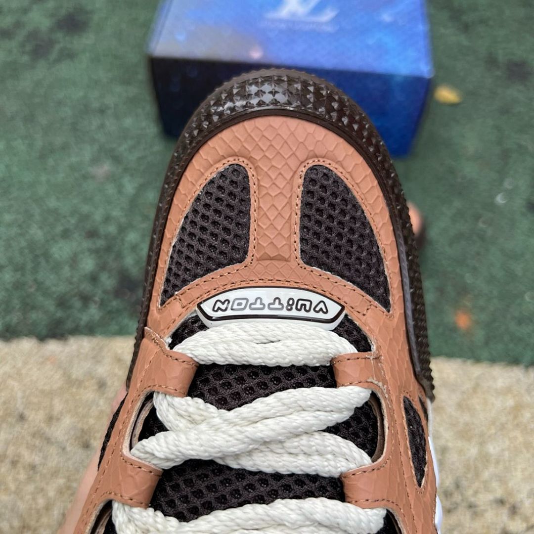 Louis Vuitton LV Trainer Sneaker Men's Brown Python-Effect Leather & Mesh Low Top Luxury Shoes