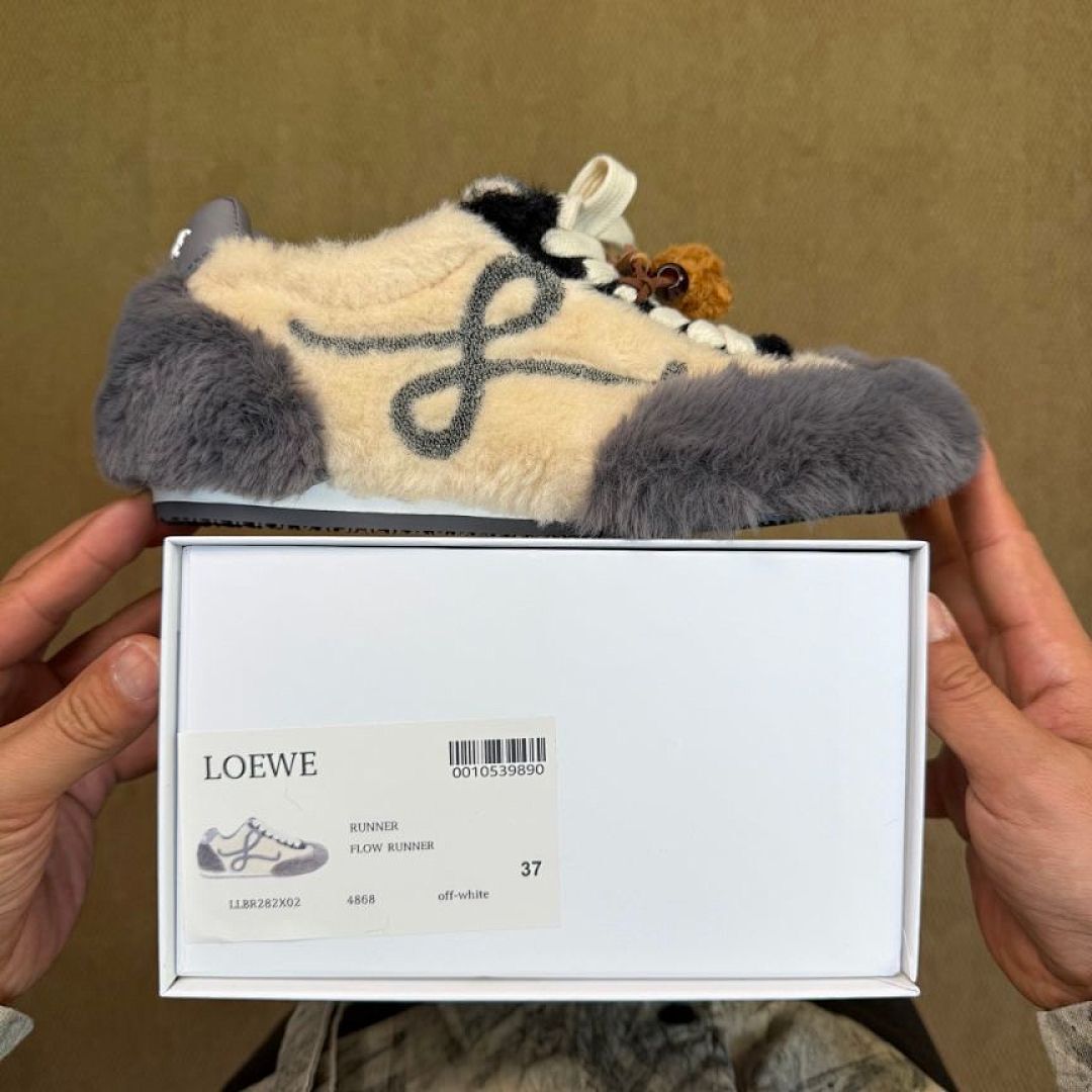 LOEWE Flow Runner Shearling Sneakers Ecru Dark Grey Luxury Designer Trainers