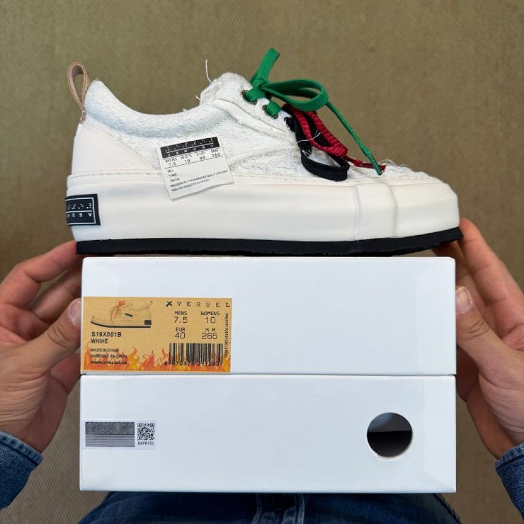 High Culture Deconstructed White Frayed Canvas Chunky Platform Sneakers with Orange Laces
