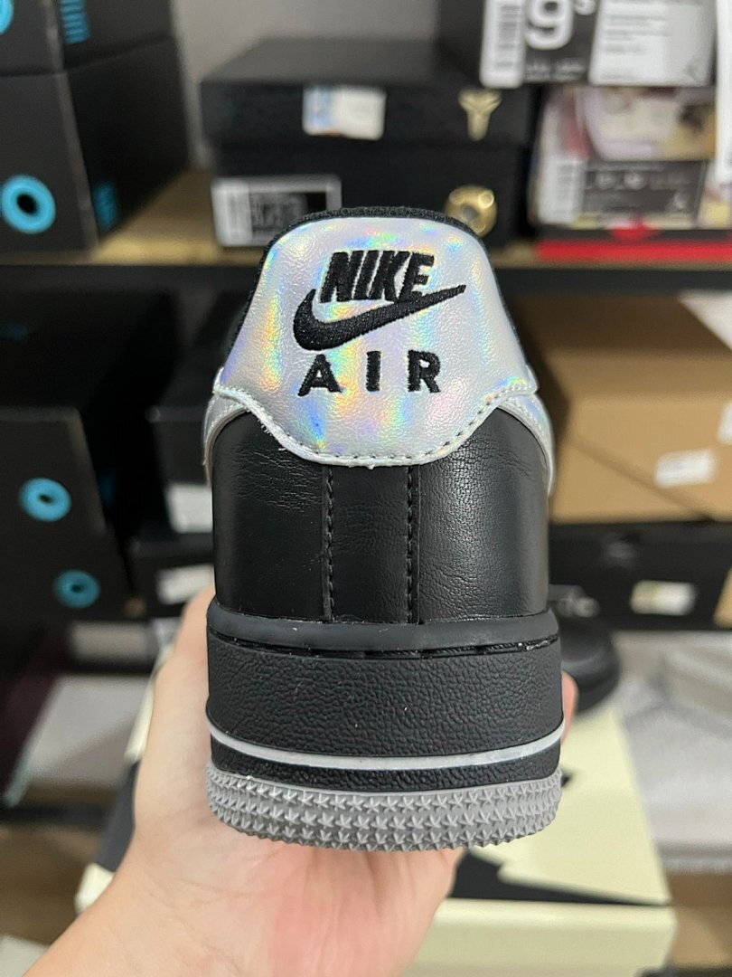 Nike Air Force 1 '07 LV8 Black Iridescent Holographic Swoosh Grey Sole CW6999-001 Sneakers Shoes