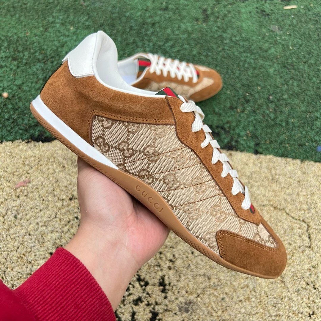 Gucci Run GG Canvas Suede Web Stripe Low-Top Sneakers Brown Beige