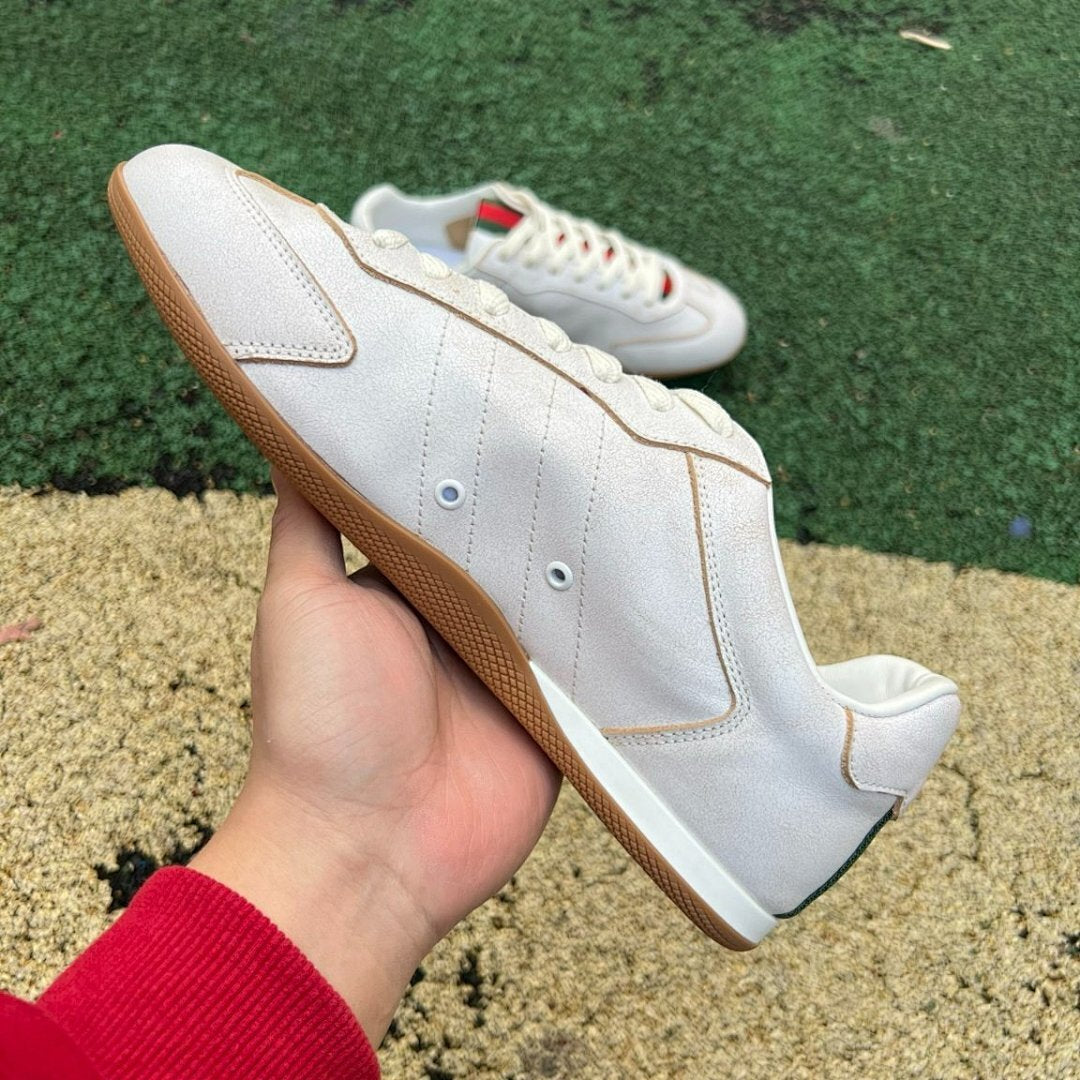 Gucci White Leather Web Stripe Low Top Sneakers Men's Gum Sole Trainers 624694 0F040 9089
