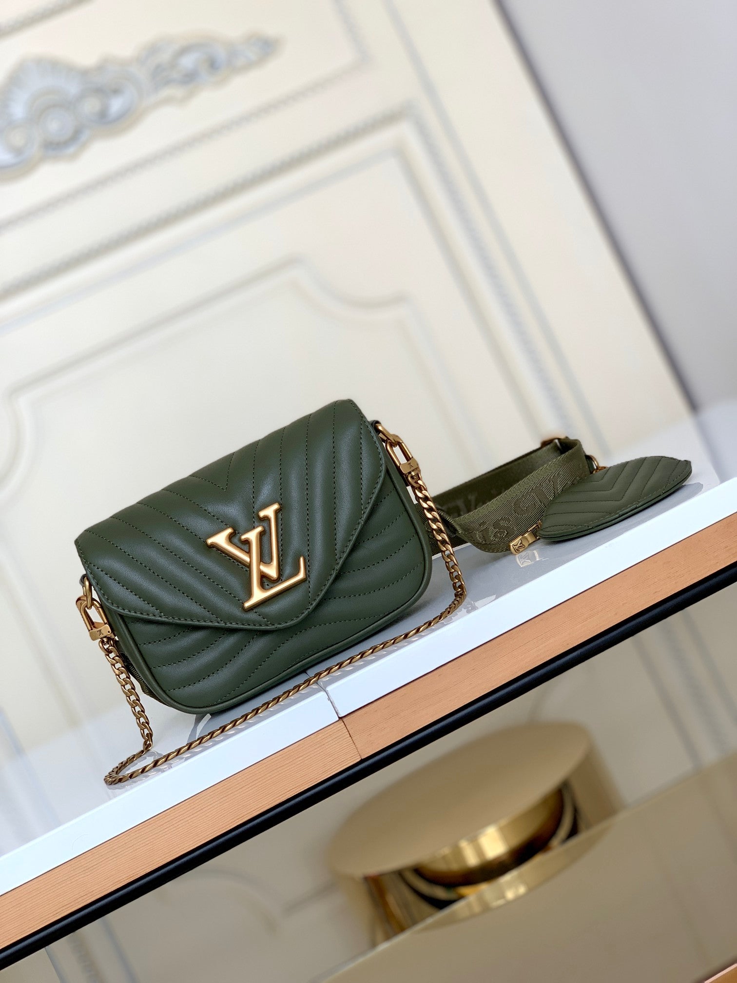 Louis Vuitton Chevron Quilted Olive Green Crossbody Shoulder Bag with Round Pouch