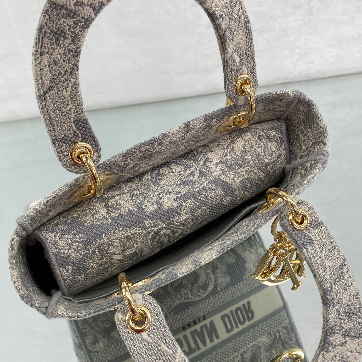 Dior Elegant Grey Toile de Jouy Embroidered Canvas Top Handle Bag