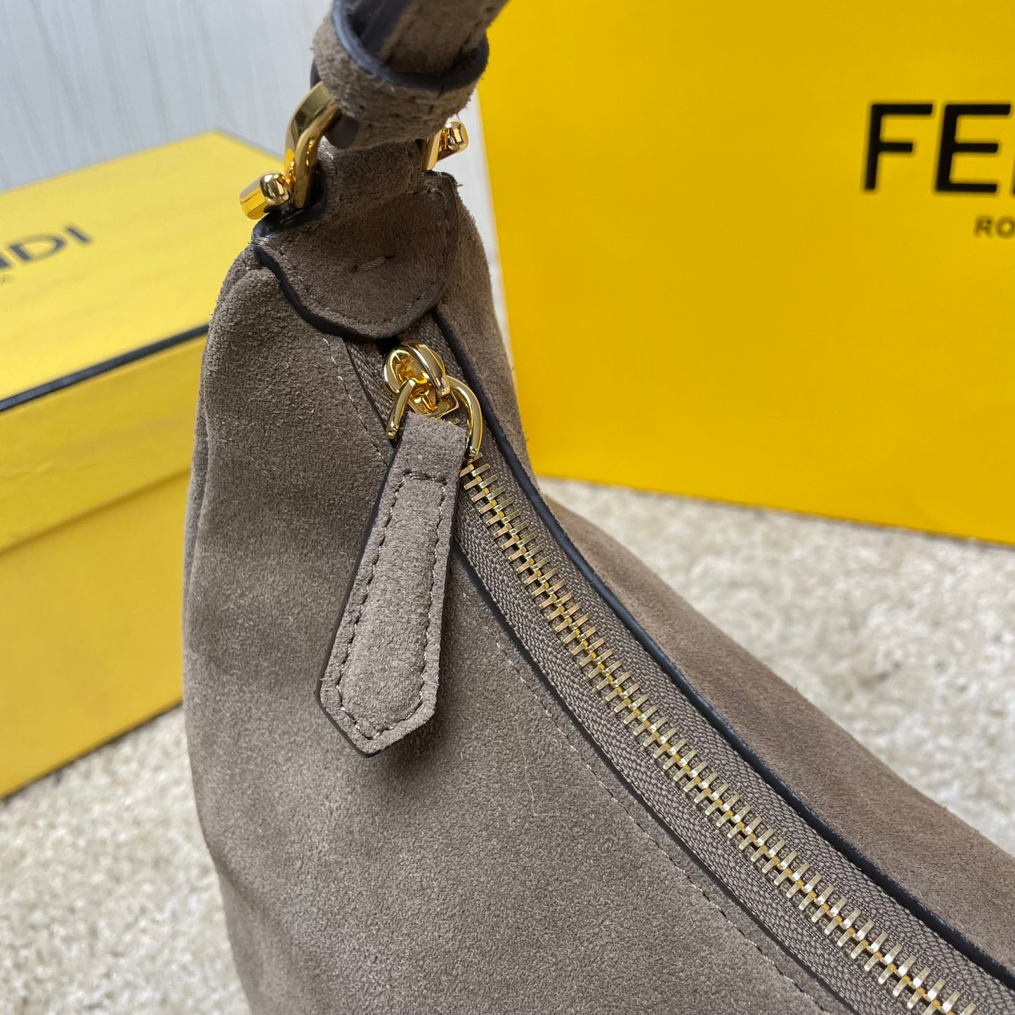 Fendi Suede Crescent Hobo Bag - Taupe Grey Small Shoulder Bag