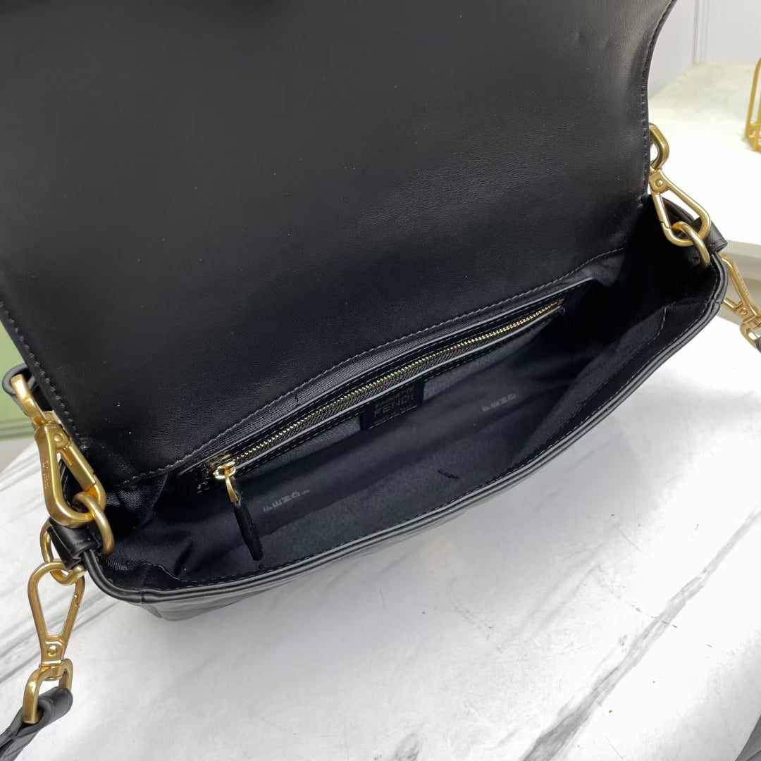 Fendi Baguette Black Embossed Leather Shoulder Bag with FF Clasp