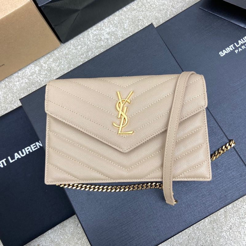 Saint Laurent Cassandre Matelassé Chain Wallet in Quilted Leather - Beige