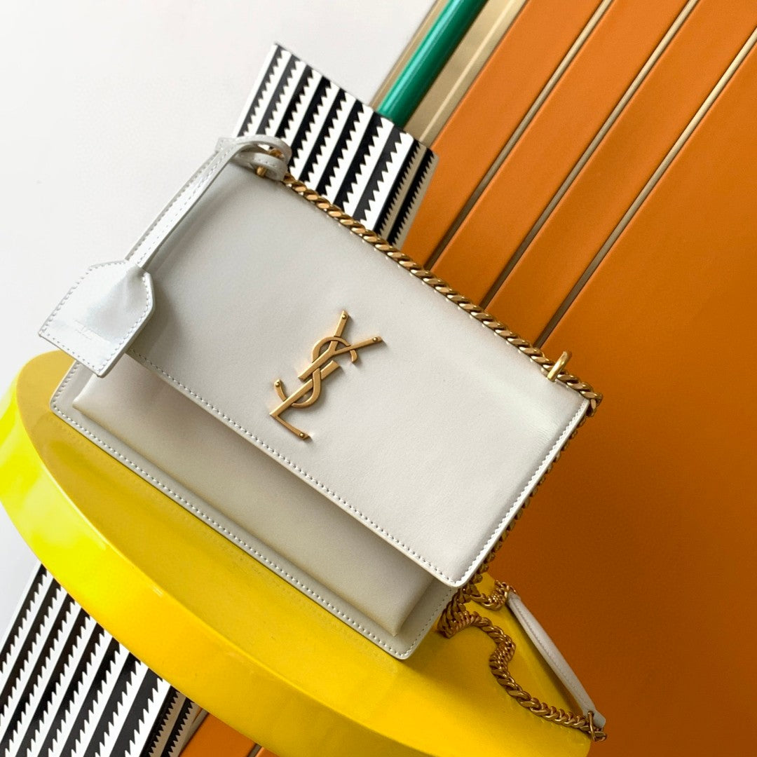 Saint Laurent YSL White Leather Sunset Shoulder Bag with Gold Hardware