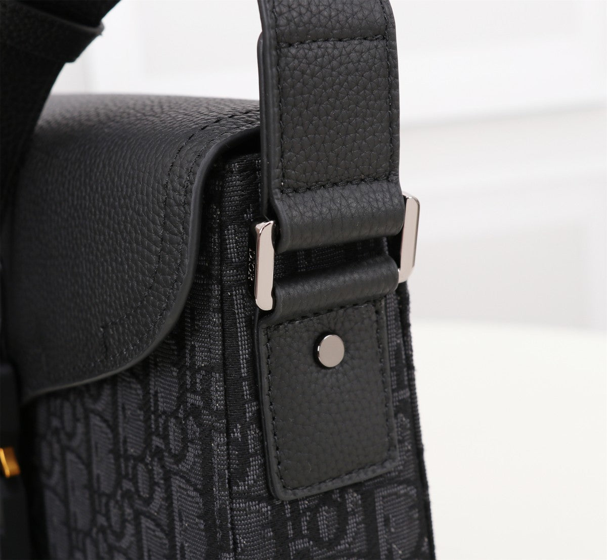 Dior Black Monogram Canvas Messenger Bag with Leather Flap and Buckle