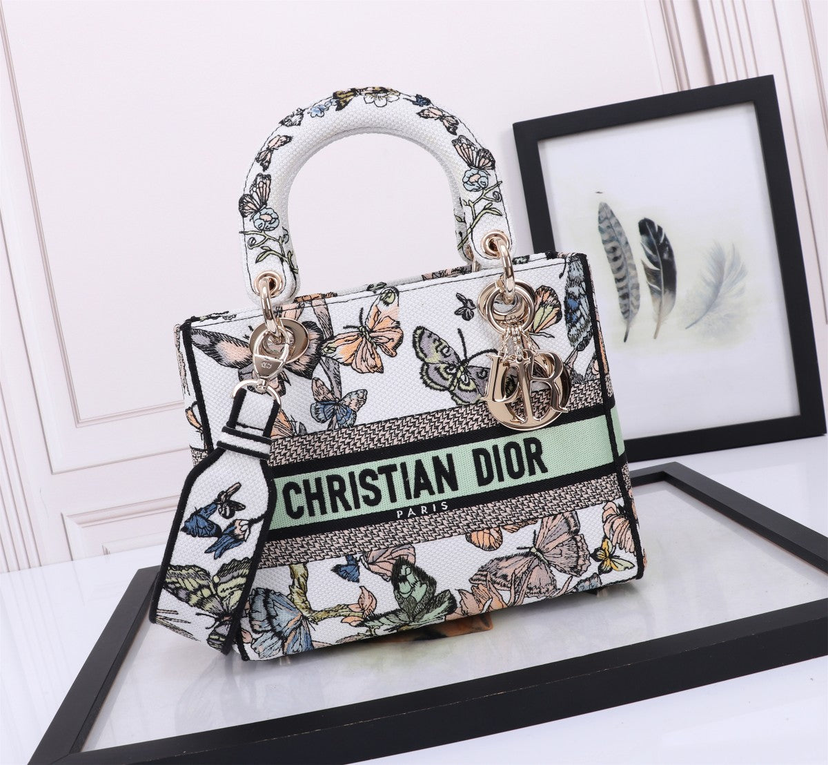 Christian Dior Lady D-Lite Medium Butterfly Embroidered Handbag - White/Multicolor