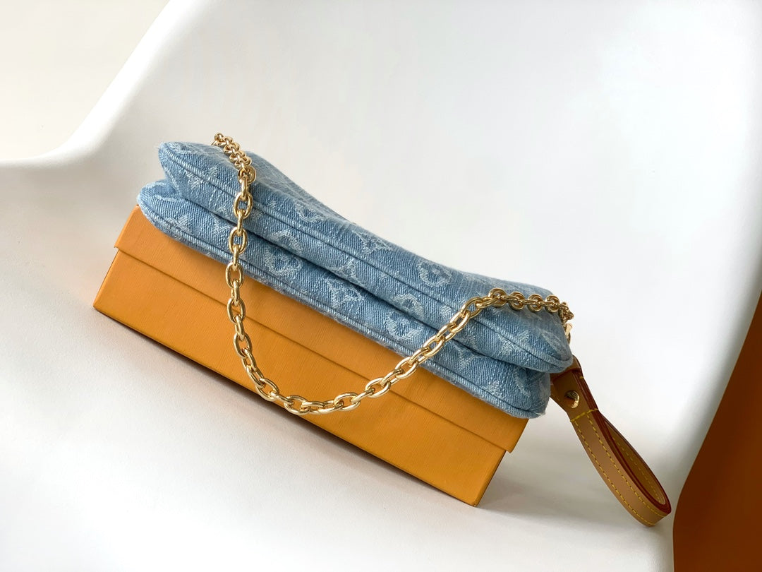 Louis Vuitton Monogram Denim Baguette Shoulder Bag with Gold-Tone Chain