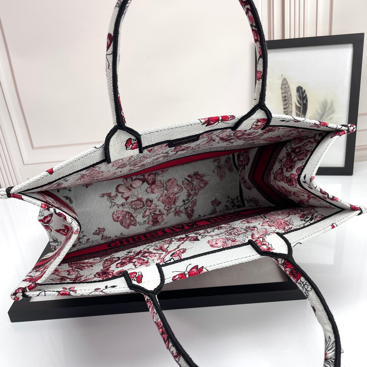 Dior Red Butterfly Floral Embroidered Canvas Large Tote Handbag