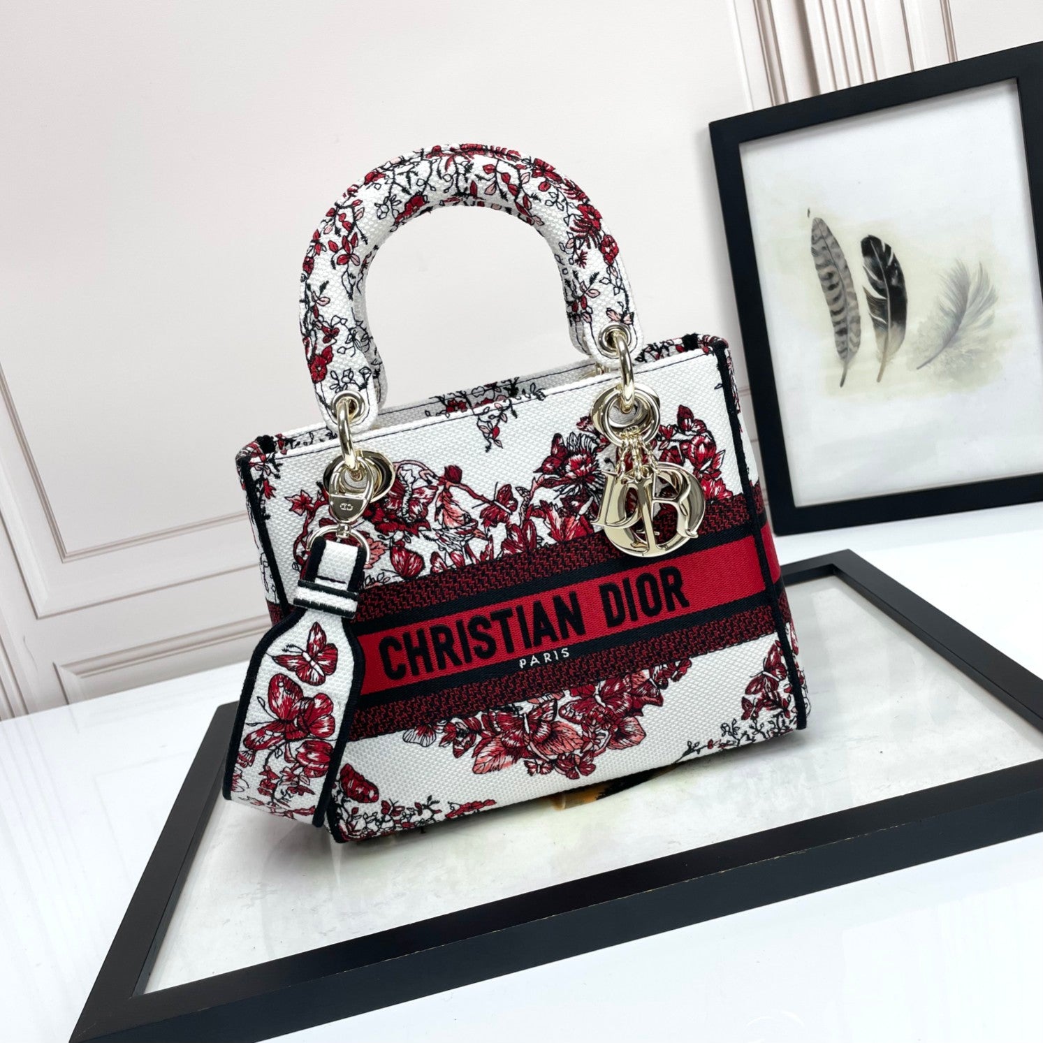 Dior Red Floral Butterfly Embroidered Canvas Top Handle Handbag