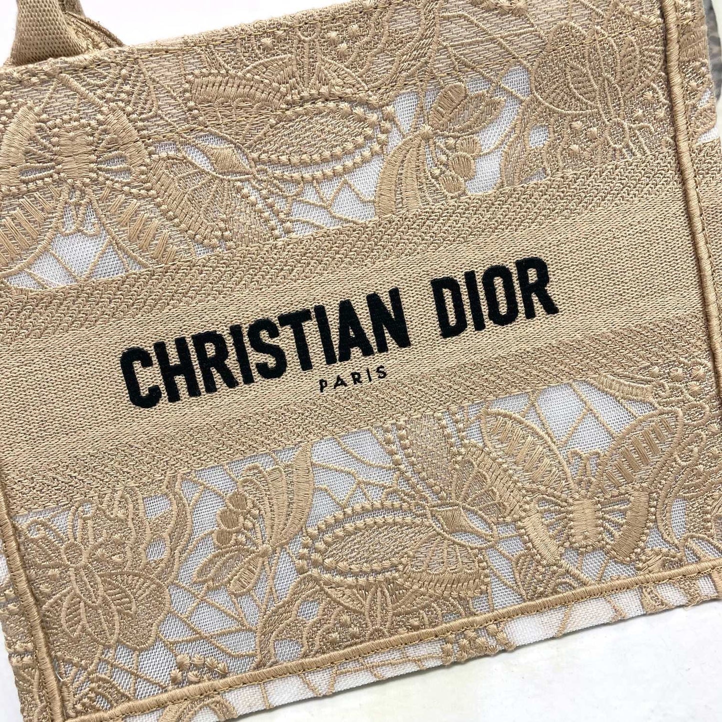 Dior Elegant Beige Floral Lace Embroidered Canvas Tote Handbag