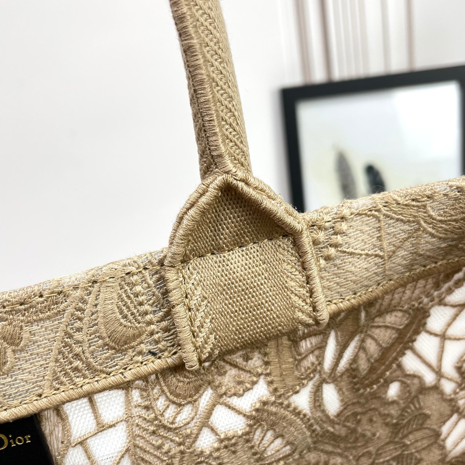 Dior Elegant Beige Floral Lace Embroidered Canvas Tote Handbag