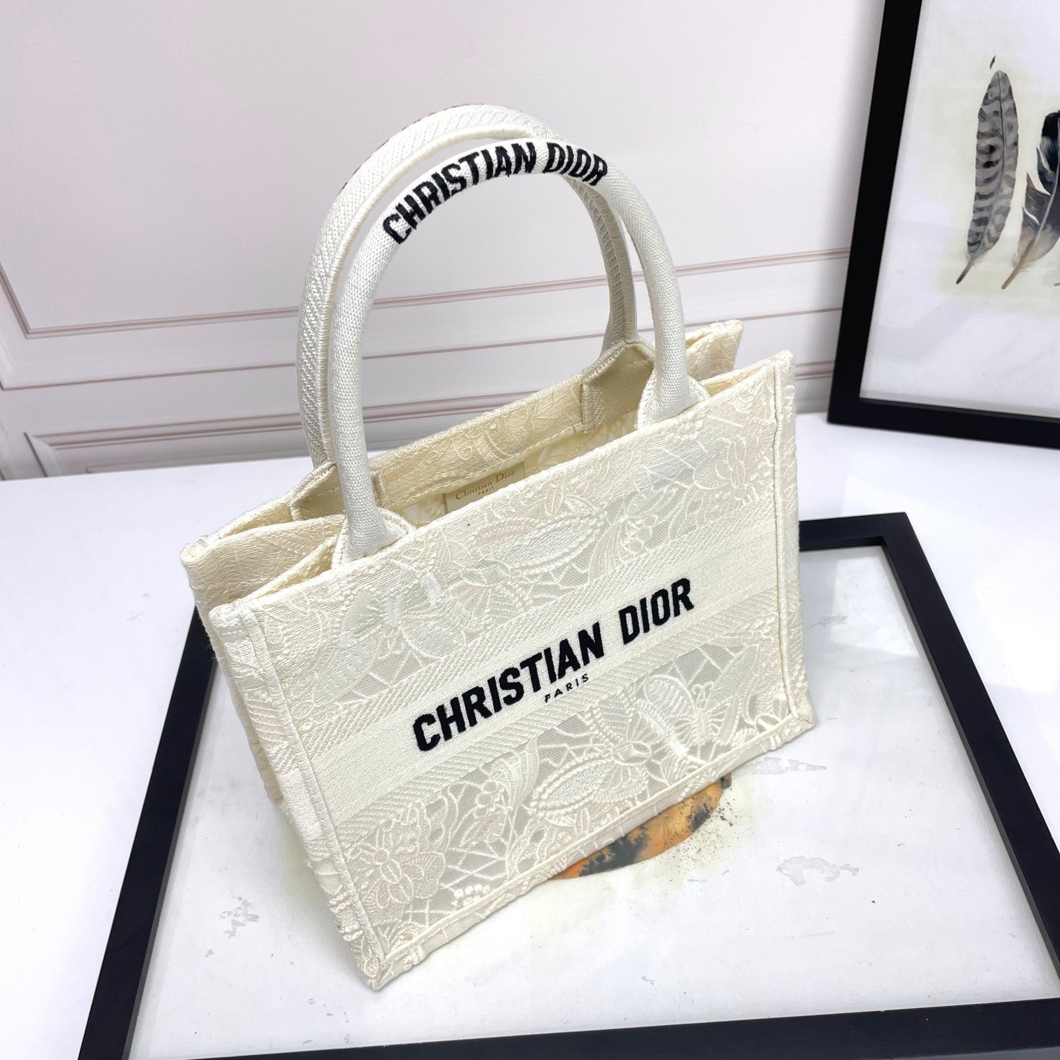 Christian Dior Small Book Tote Bag White Embroidered Canvas