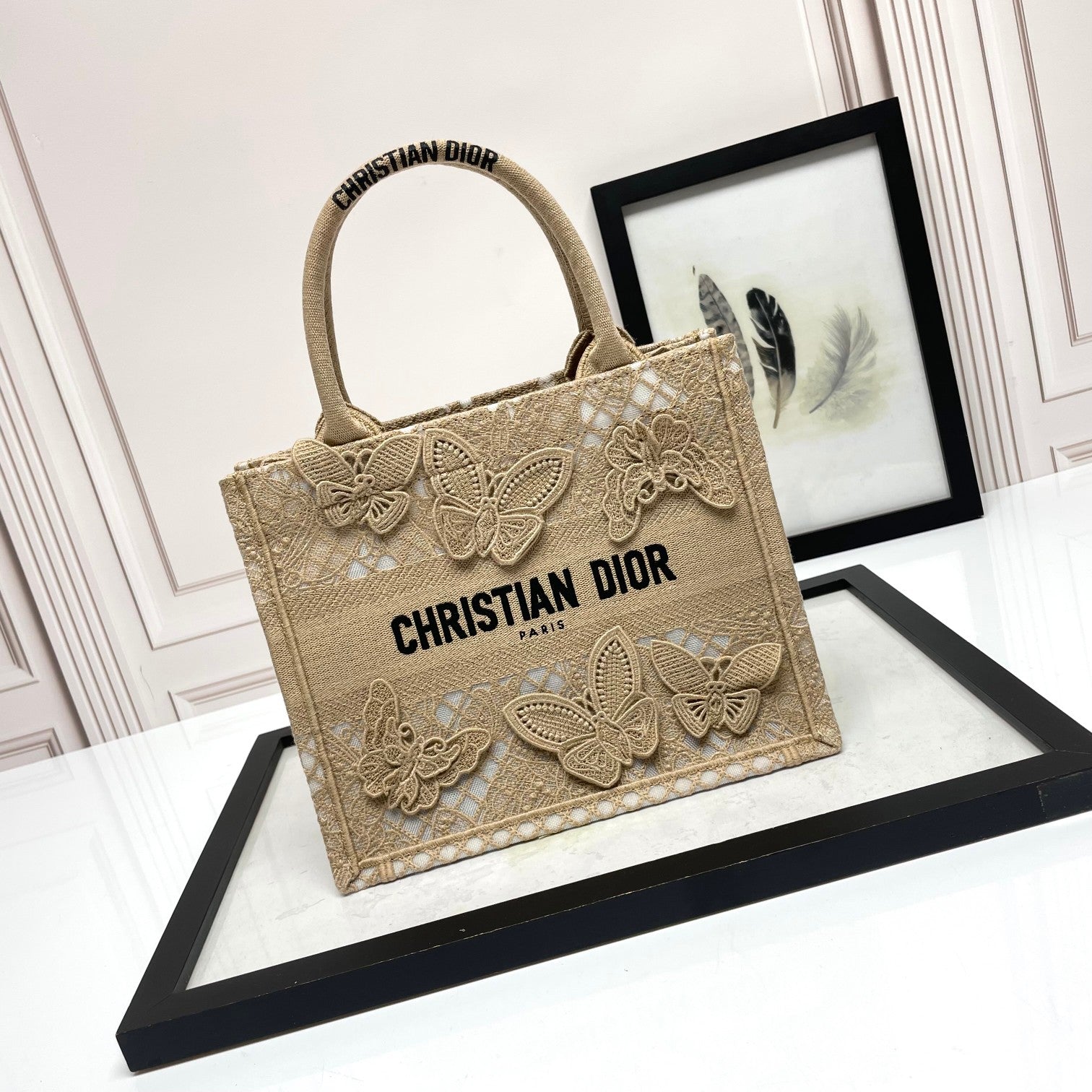 Dior Beige Canvas Tote Handbag with Embroidered 3D Butterflies
