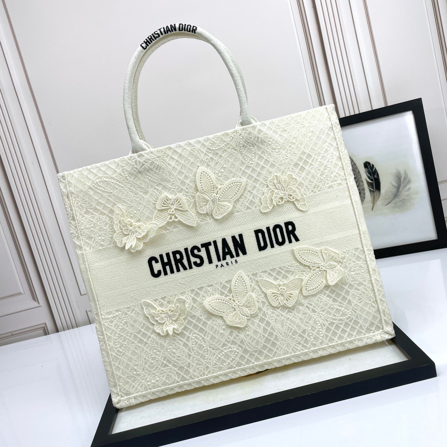 Christian Dior White Butterfly Embroidered Book Tote Handbag