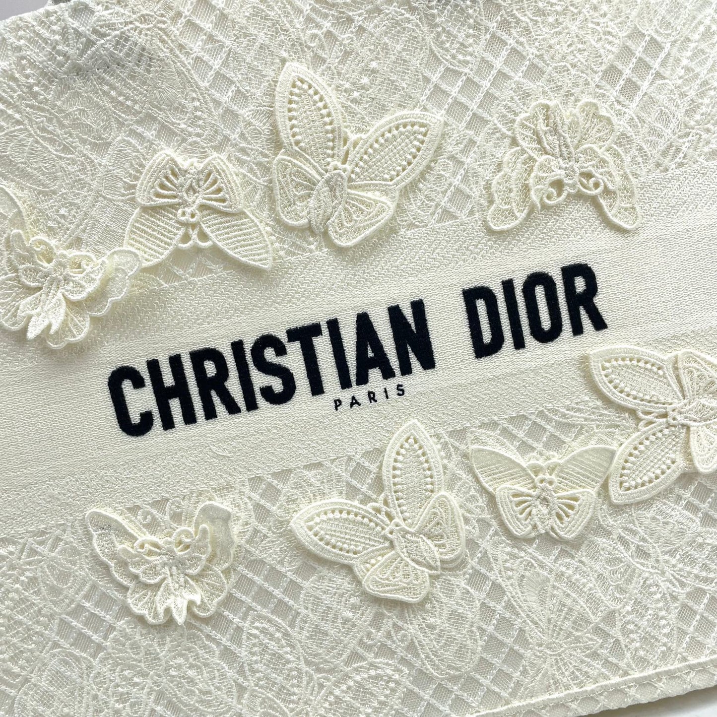 Dior Elegant Off-White Canvas Tote Bag with Butterfly Embroidery