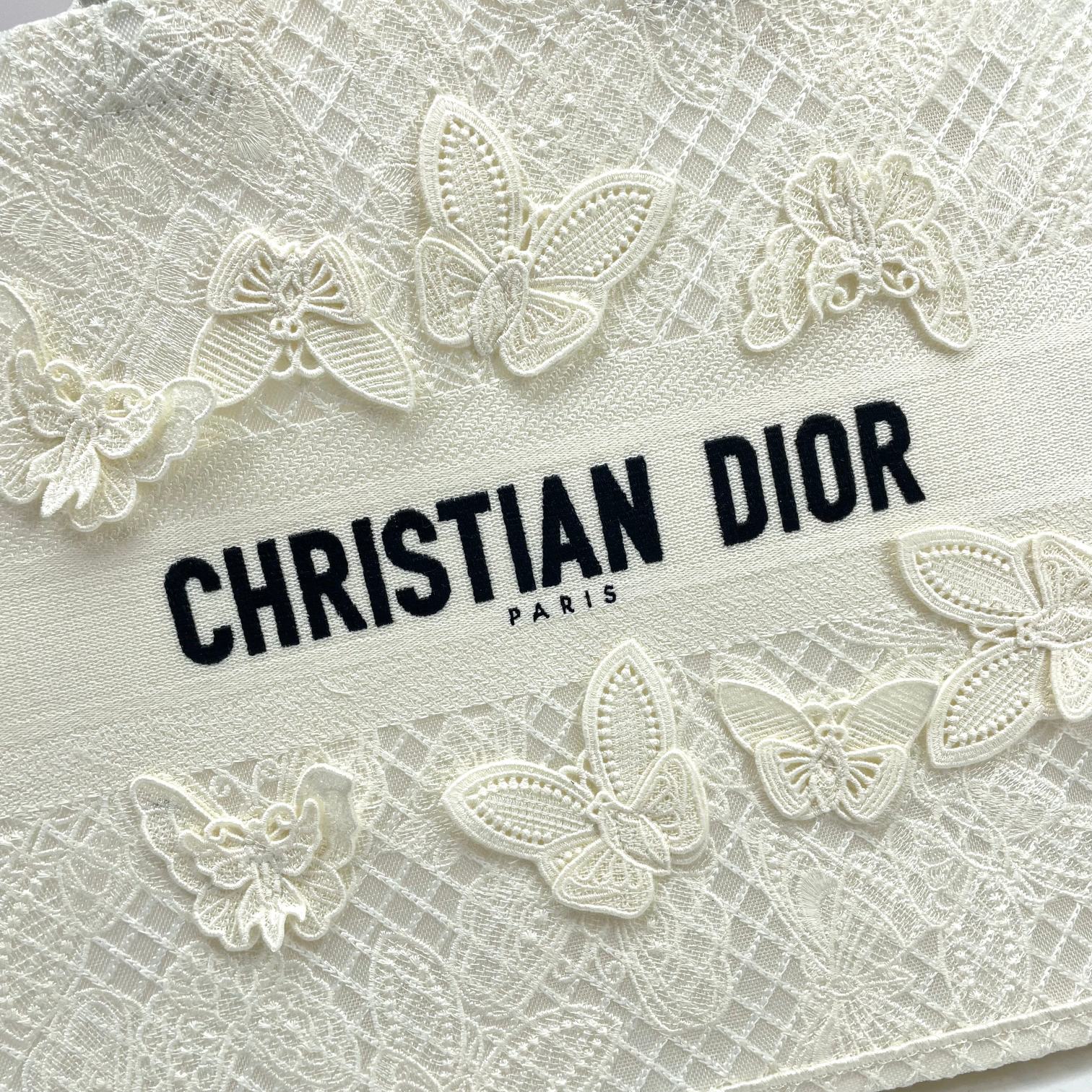 Christian Dior White Butterfly Embroidered Book Tote Handbag