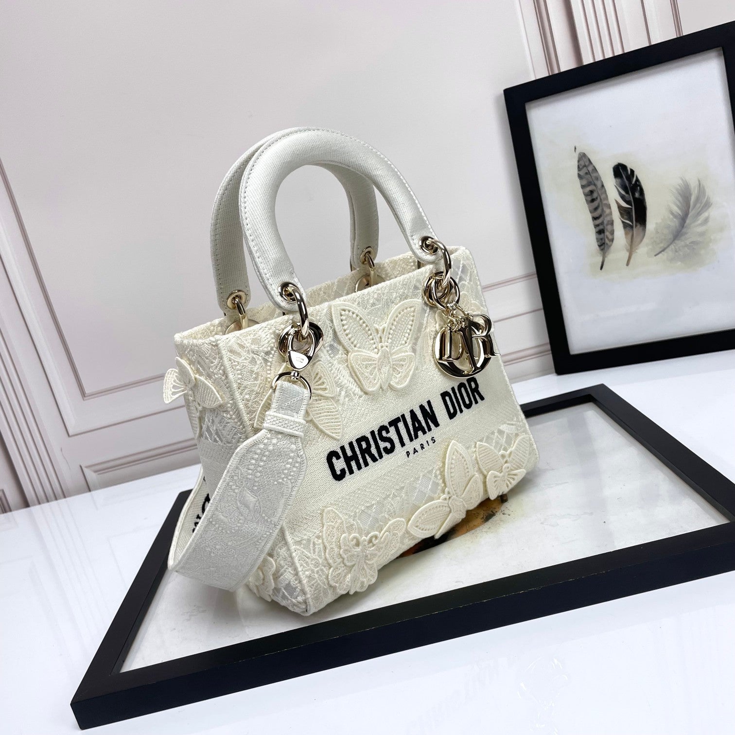 Dior White Butterfly Embroidered Canvas Top Handle Bag with Shoulder Strap