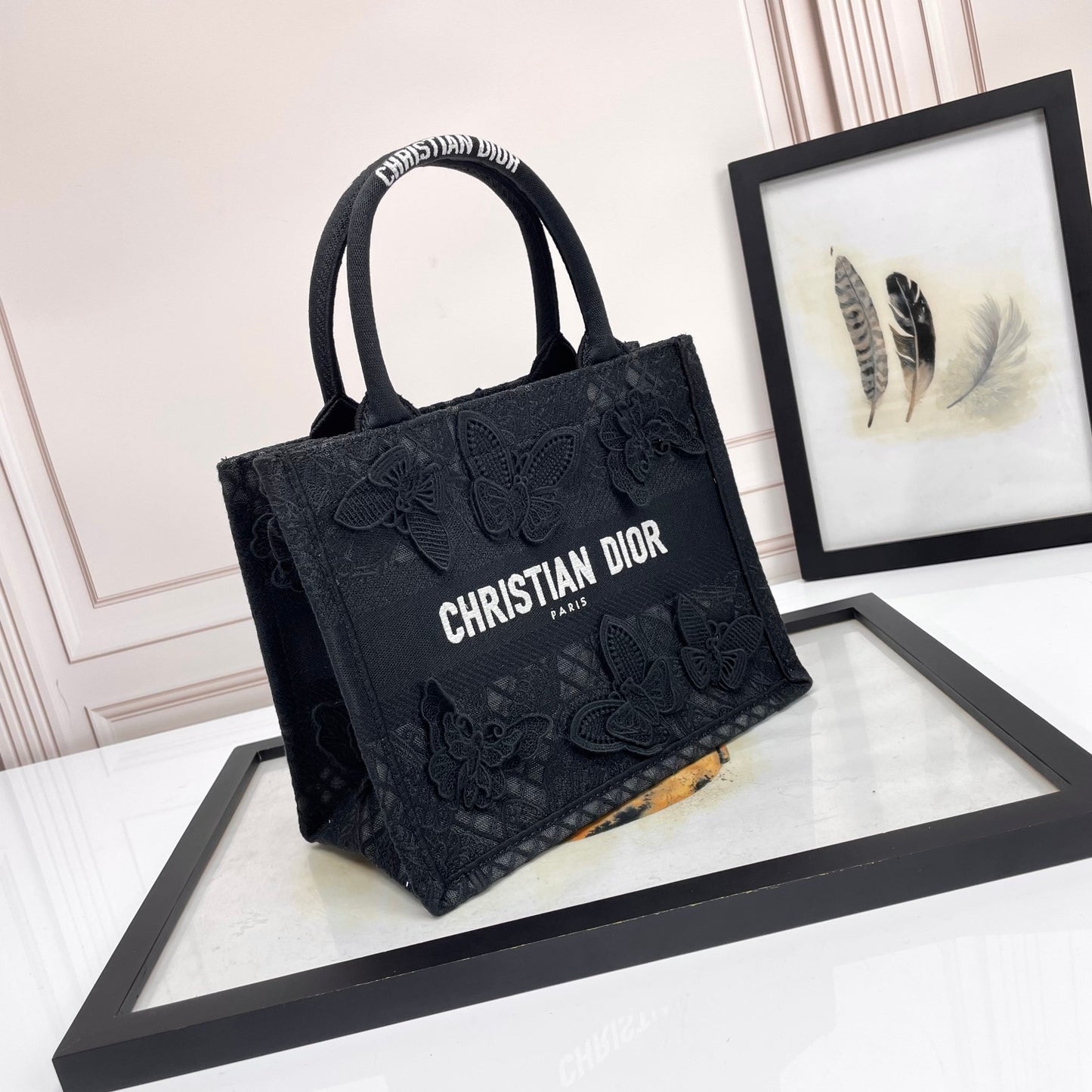 Dior Elegant Black Canvas Tote Bag with Embroidered Butterfly Detail