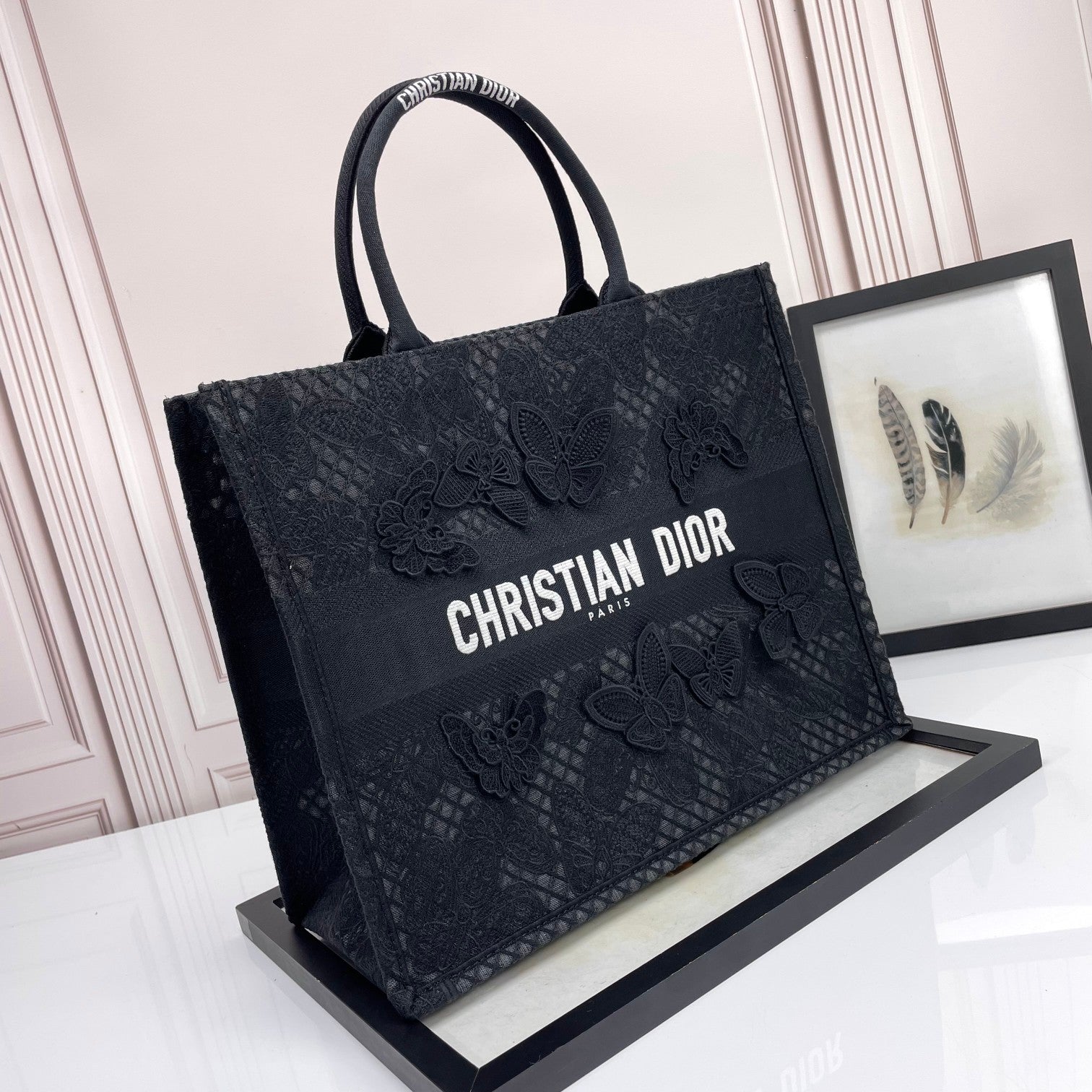 Christian Dior Black Butterfly Embroidered Book Tote Bag