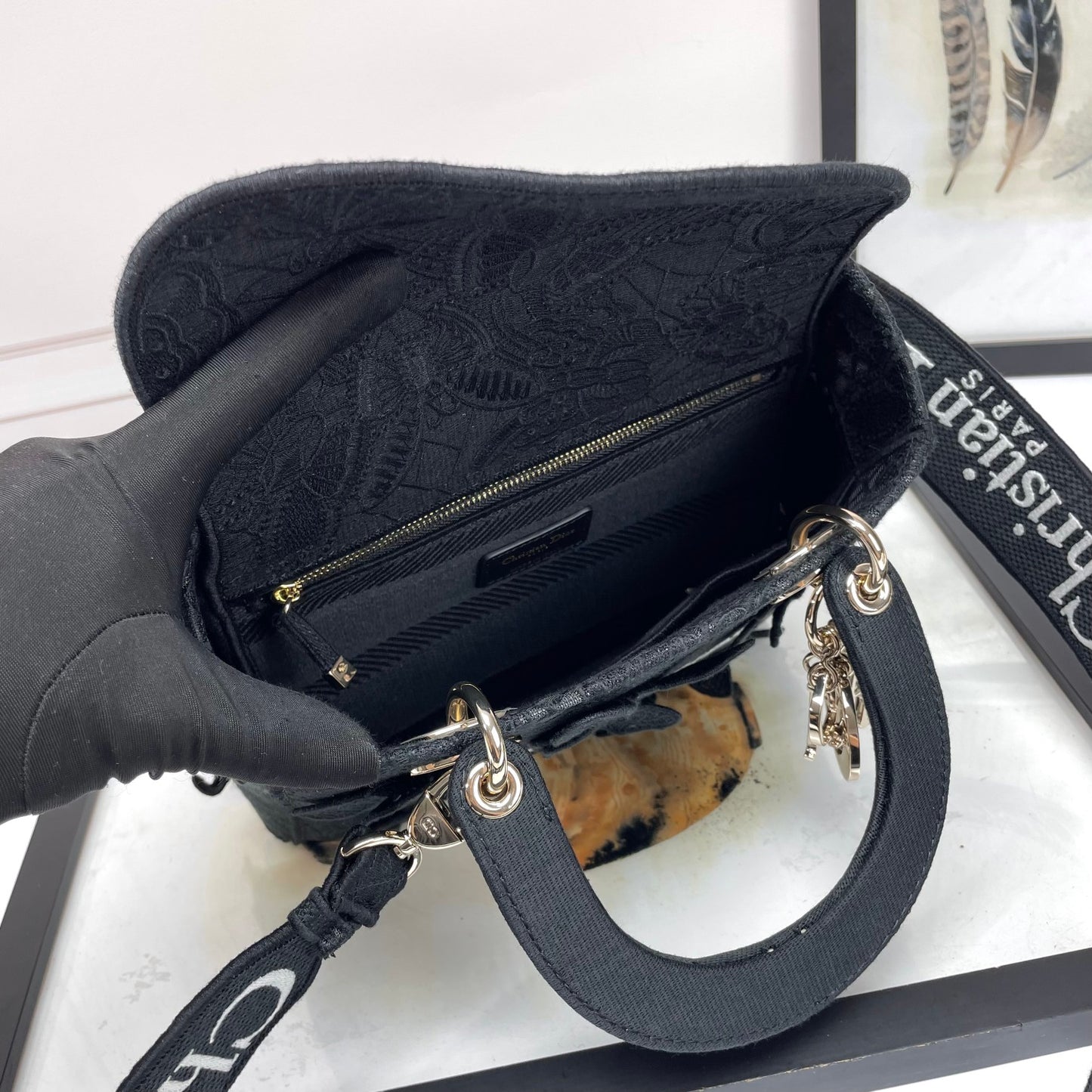 Christian Dior Lady D-Lite Medium Bag Black Embroidered Canvas
