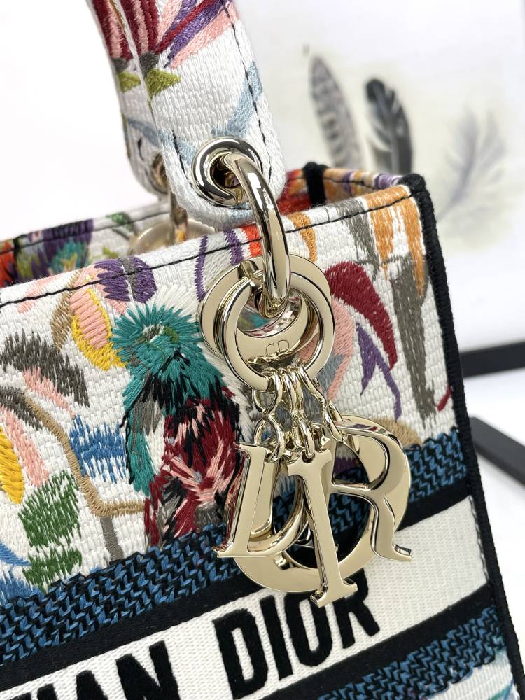 Christian Dior Lady D-Lite Bag Embroidered Floral Bird Pattern White Multicolor