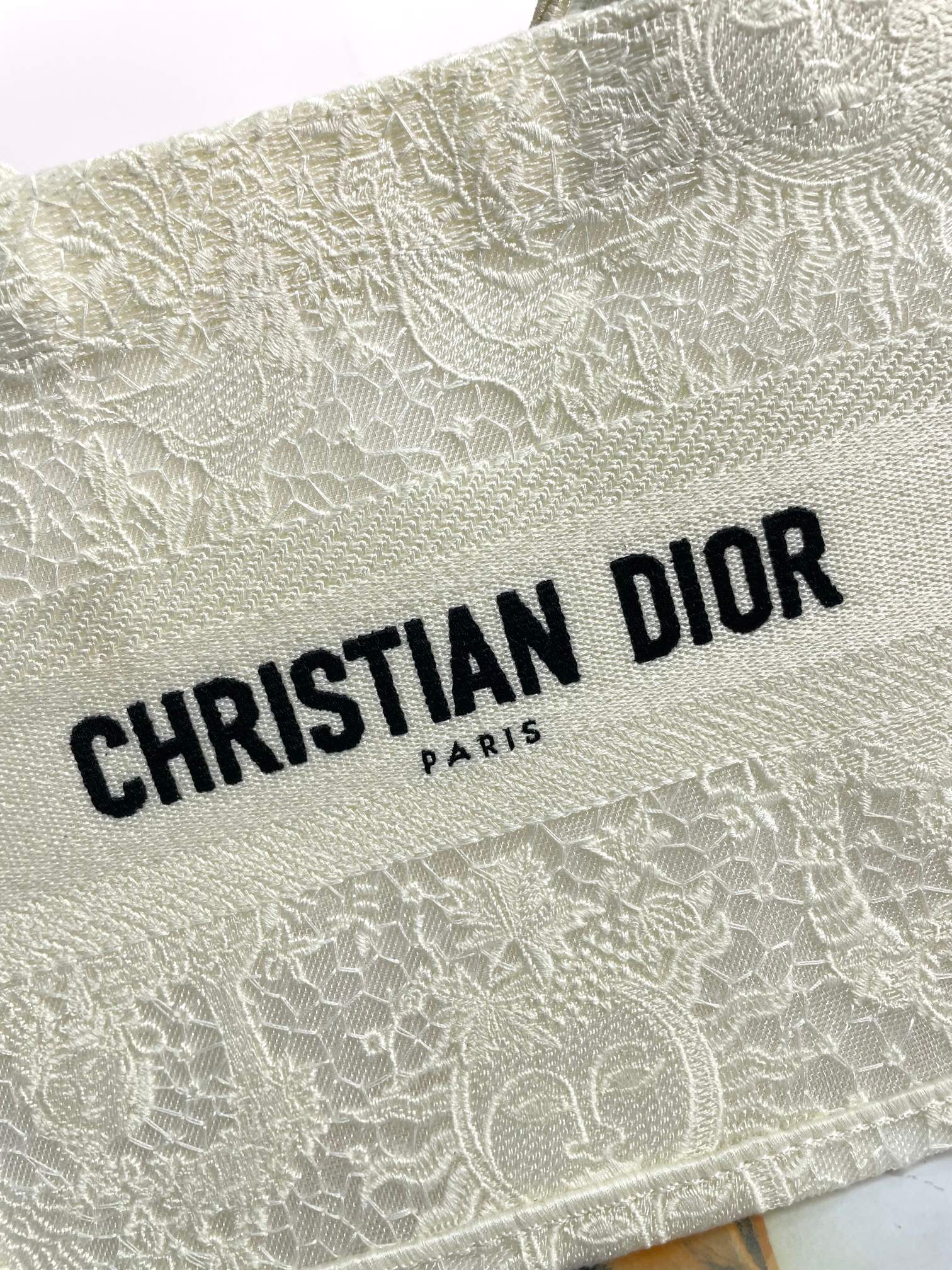Dior Elegant Cream Floral Embroidered Canvas Handheld Tote Bag