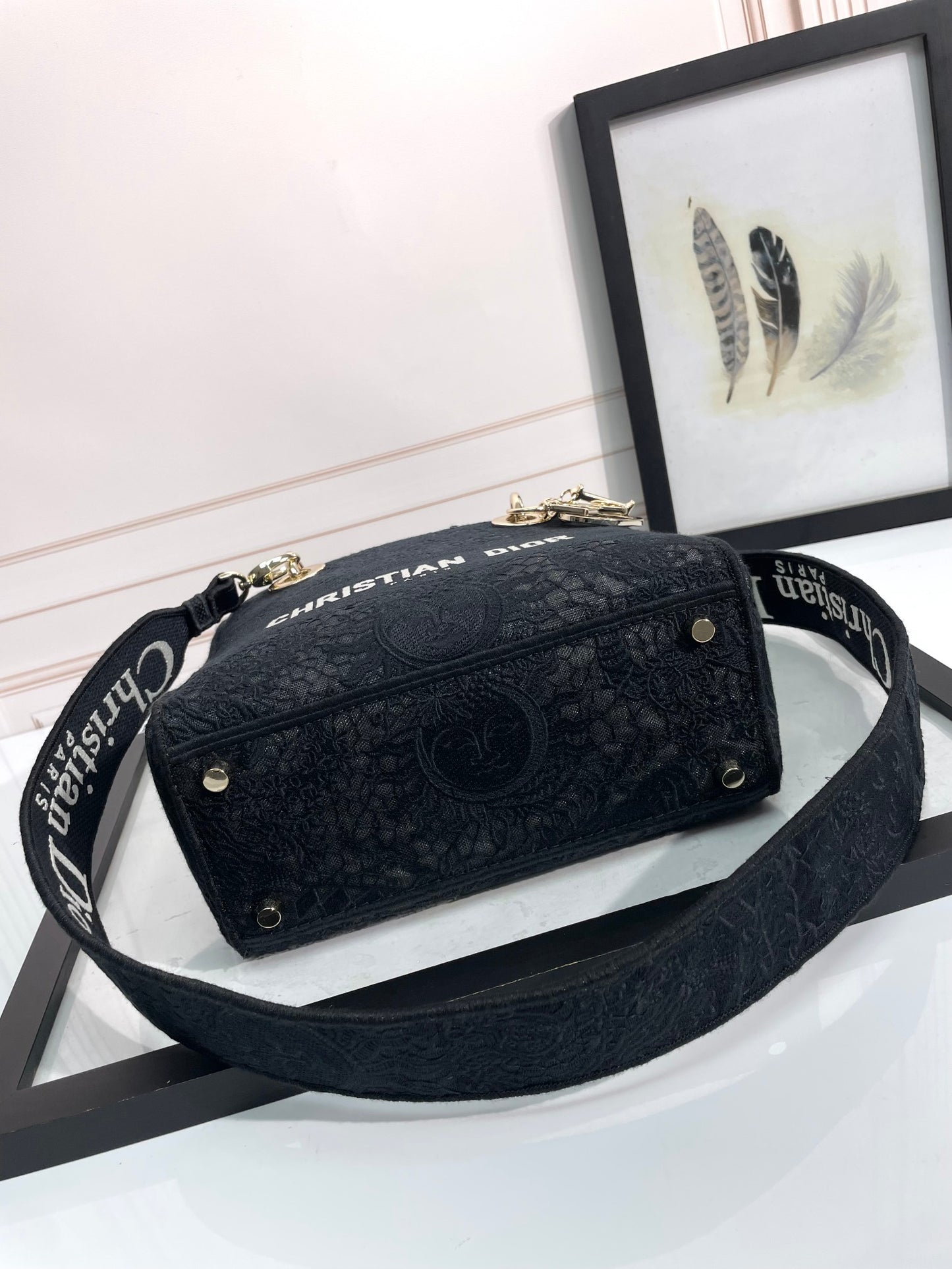 Christian Dior Lady D-Lite Medium Bag - Black Embroidered Canvas Handbag