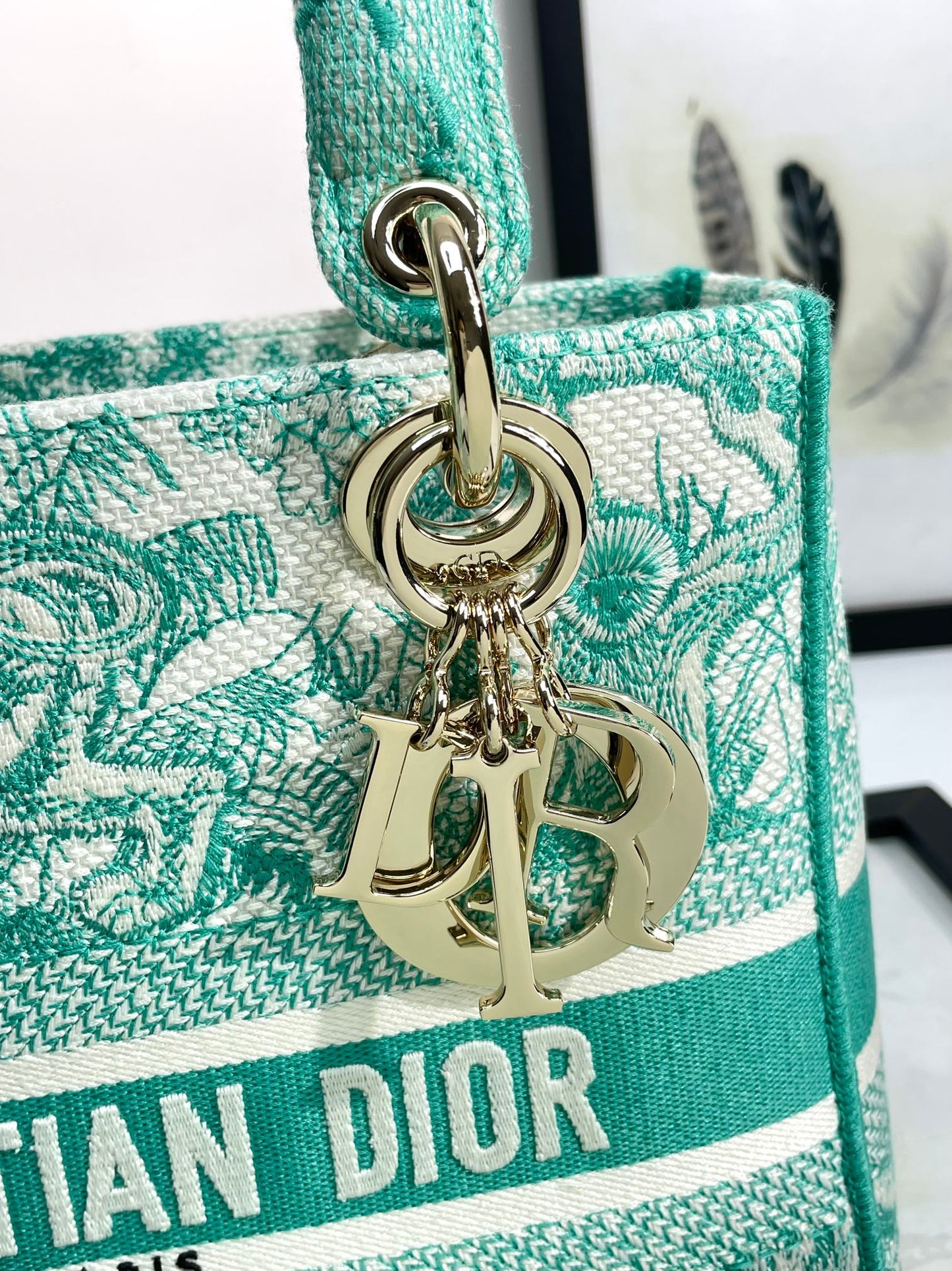 Dior Green Floral Toile Canvas Top Handle Bag with Shoulder Strap