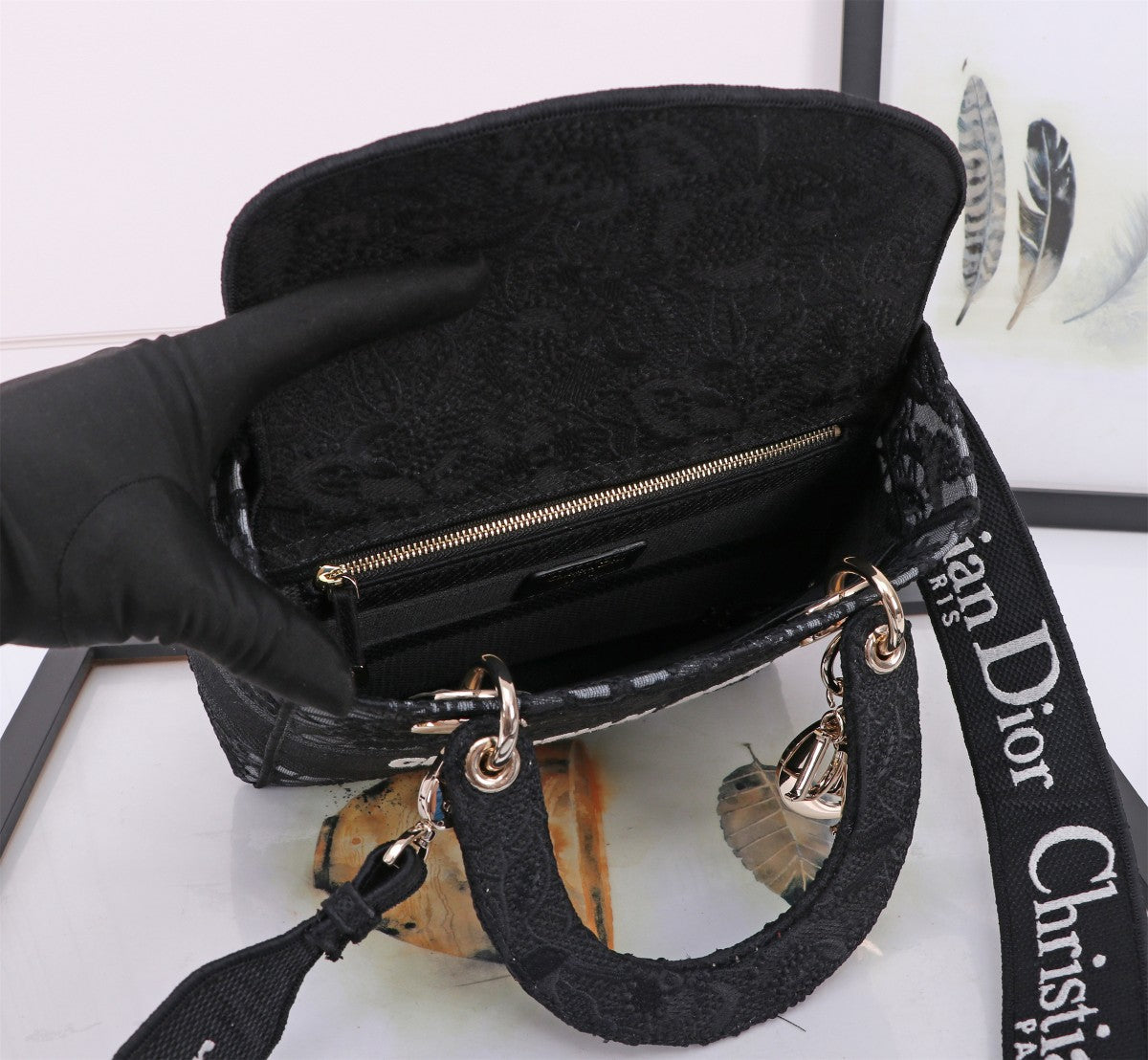 Christian Dior Lady D-Lite Bag Black Lace Embroidery Handbag