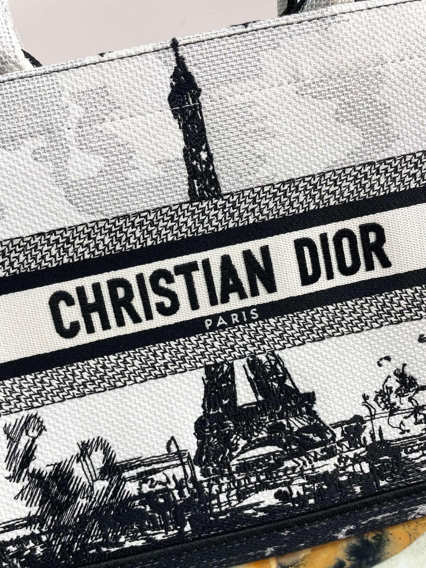 Christian Dior Book Tote Bag - Black and White Paris Cityscape Embroidery