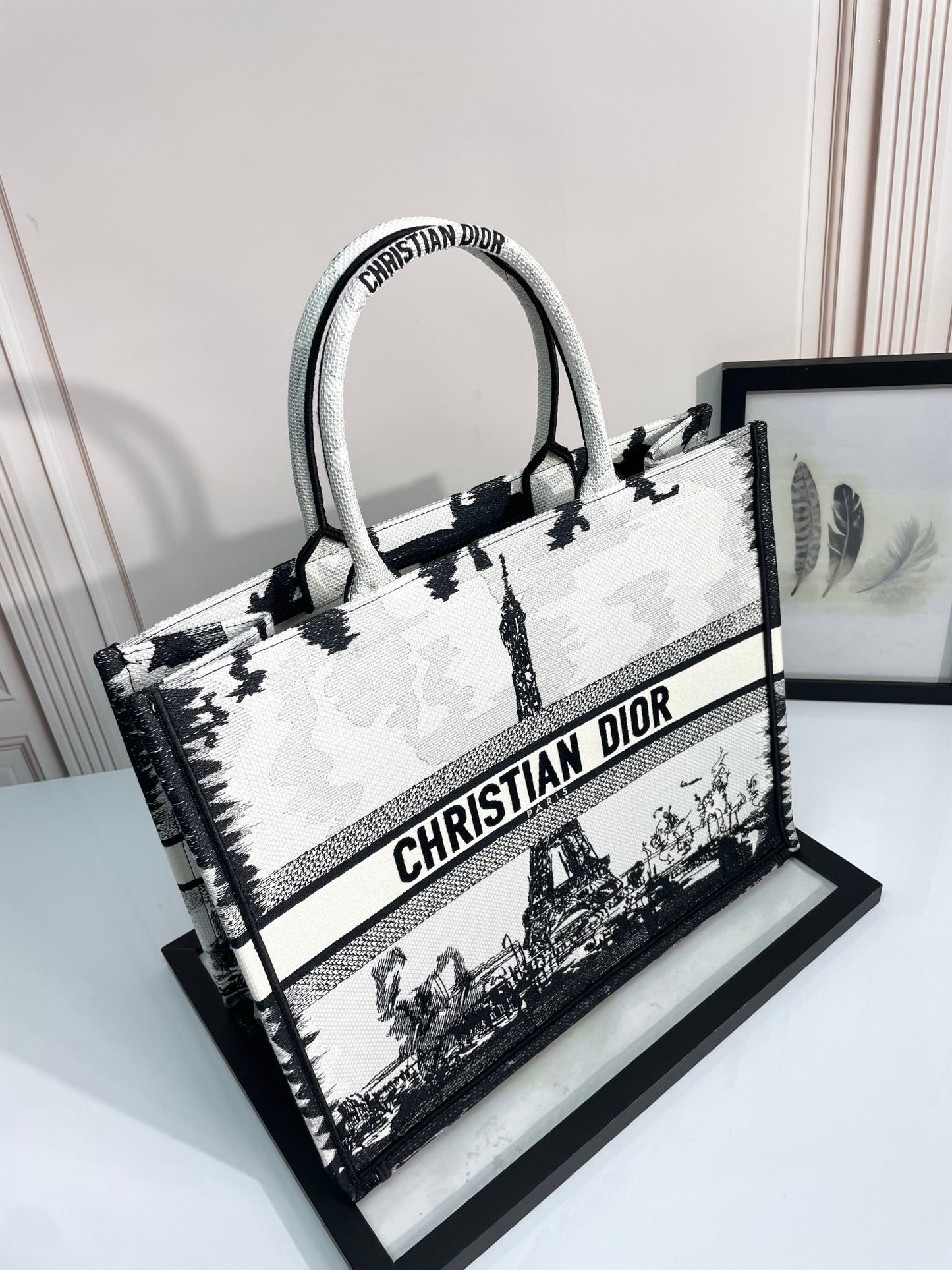 Dior Classic Black and White Paris Eiffel Tower Canvas Tote Bag