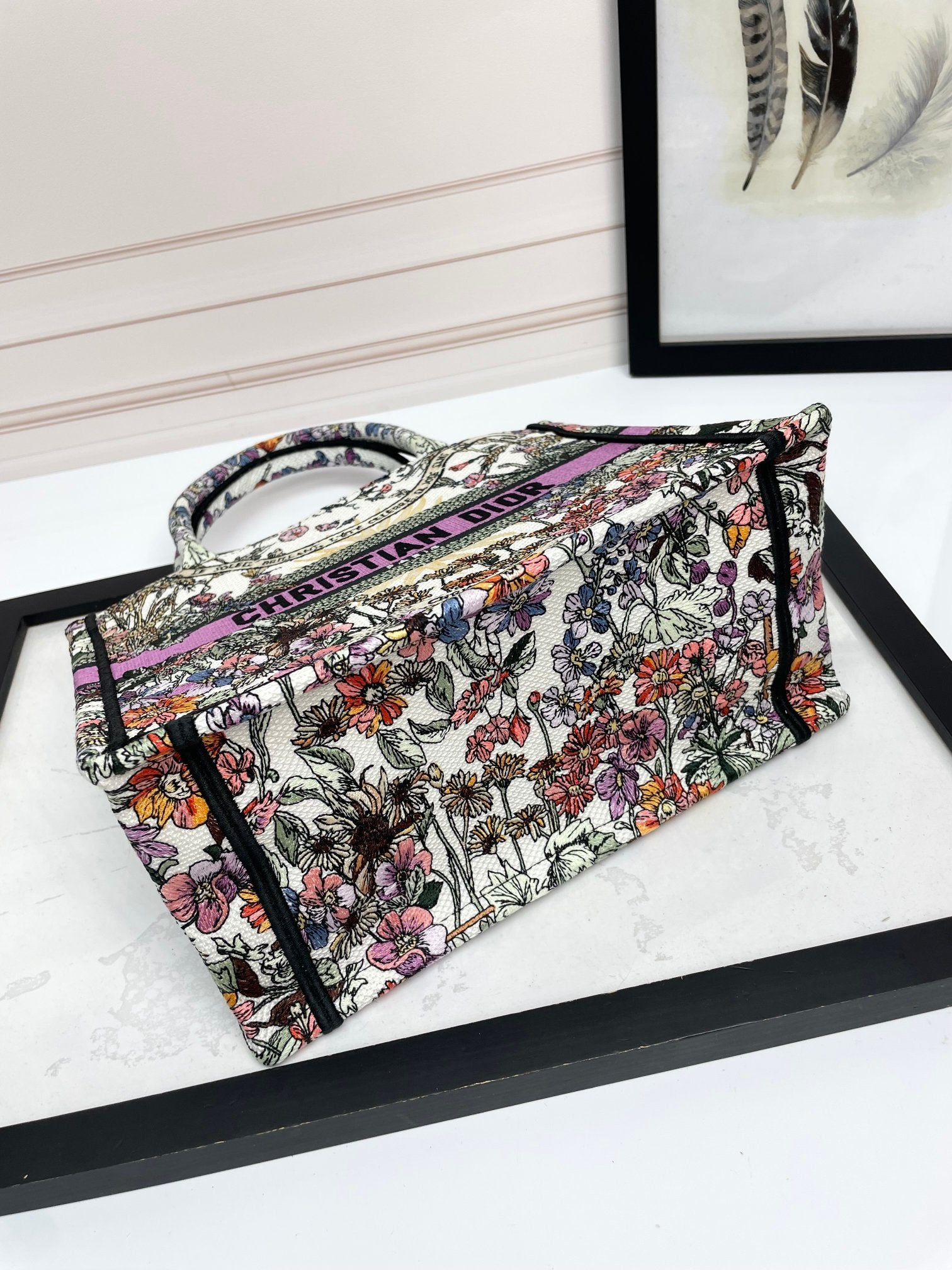 Christian Dior Embroidered Book Tote Bag - Floral Pattern with Purple Accents