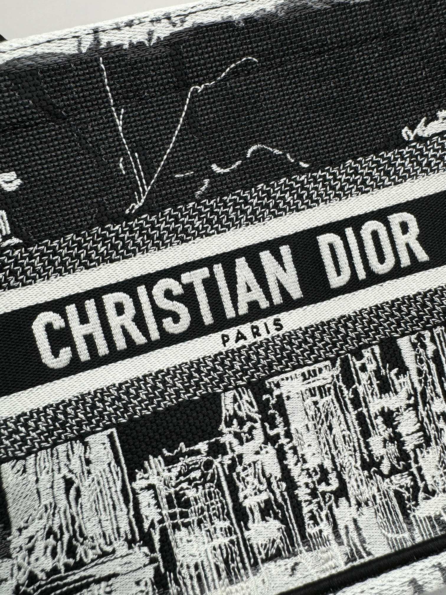 Christian Dior Medium Book Tote - Black and White Embroidered Cityscape Canvas Bag