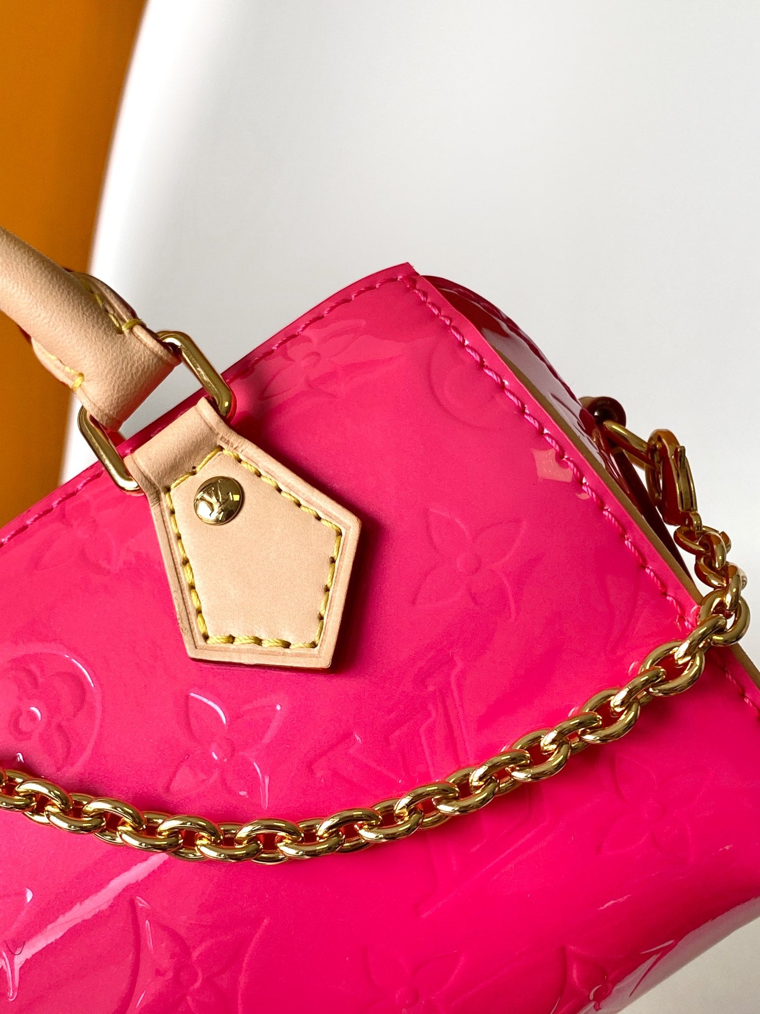 Louis Vuitton Nano Speedy Monogram Vernis Pink Patent Leather Bag with Chain Strap